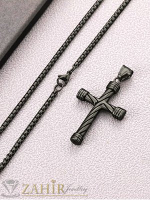 Тънък НЕСТОМАНЕН черен ланец 60 см, широк 0,2 см, с оксидирано покритие, с НЕСТОМАНЕН черен кръст 5 на 3 см- ML1727